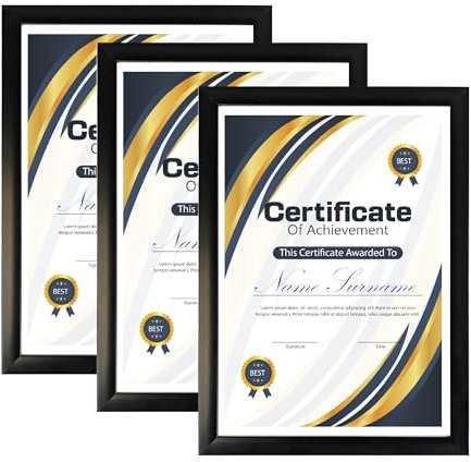Domkora A4 Certificate Frame Black Set of 3 - A4 Picture Frames Wall or Desk Display Documents Diplomas Prints Wall Mounted Standing Frame Portrait Landscape