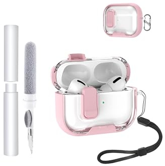 Protective Case for Apple AirPods Pro 3 Earbuds,toergy Soft TPU+PC Clear Cover,with Bracket Function,Waterproof,Shockproof,Anti Scratch,with Lanyard & Keychain & Cleaner kit,Pink