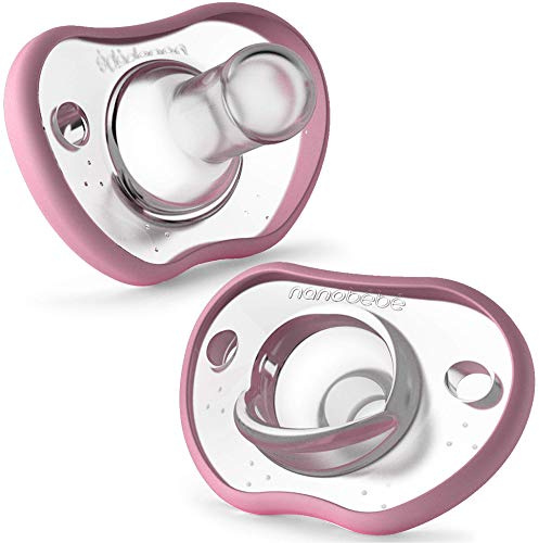 Nanobebe Baby Soothers 0-3 Months – Orthodontic, Curved to Fit Facial Contours, Award-Winning for Breastfed Babies, 100% Silicone, BPA-Free, Perfect Baby Registry Gift, 2-Pack in Pink