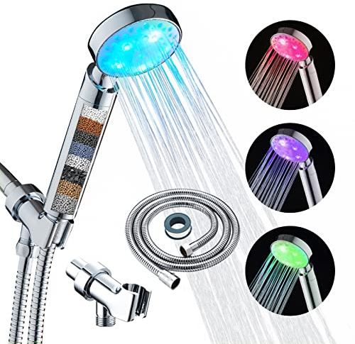KAIREY Pommeau de douche LED 7 couleurs à changement automatique Chrome poli avec tuyau en acier inoxydable de 152,4 cm et support réglable