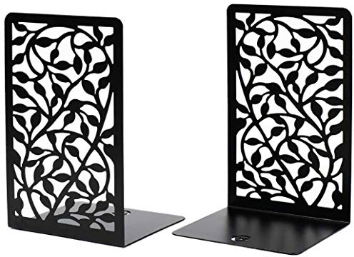 CNK Book Ends for Shelves - Metal Holders for Home Office Heavy Books, Shelf Stoppers, Decorative Set of 2 Black Infinite Leaves Bookends