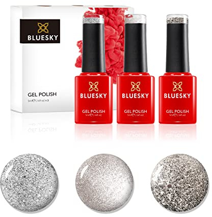 Bluesky Gel Nail Polish Set, Sexy Silvers, Silver Glitter Explosion 80573, Aurora KS1050, Safety Pin 80606, 3 x 5 ml, (Requires Curing Under UV or LED Lamp)