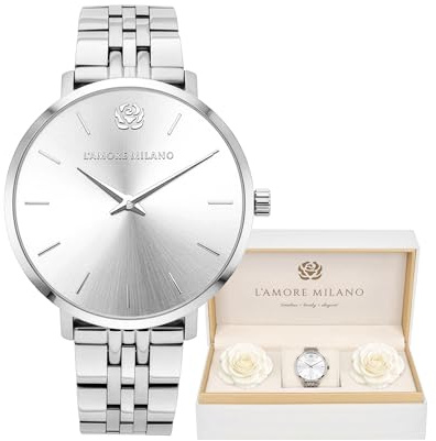 L'AMORE MILANO - Montre Femme Cadeau Noel, Montre-Bracelet et Son Coffret Contenant de Rose eternelle - Idee Cadeau Femme - Cadeau Femme Disponible en doré, argenté, et Rose métallisé