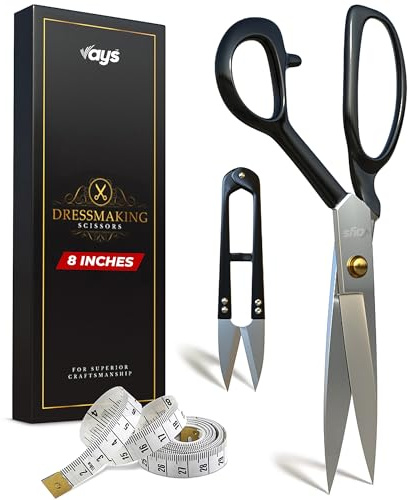 Vays Tijeras de tela (8 pulgadas) – Tijeras de vestir de alta calidad para costura, sastrería y manualidades, con pinza de hilo afilado y cinta métrica, ideal para fieltro, cuero y metal fino