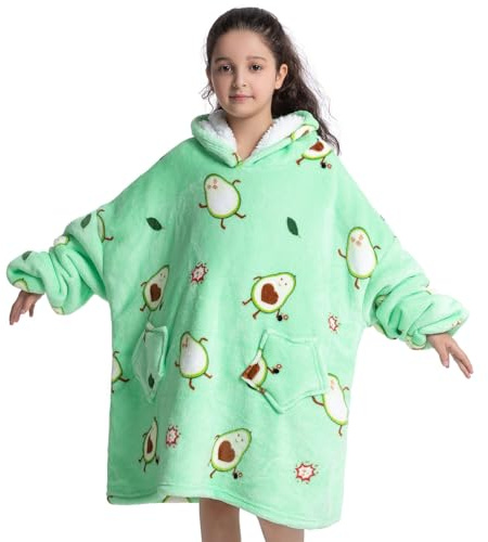 Wenlia Oversize filt huvtröja för barn och flickor, kvinnor, vuxna, tonåringar och barn, supervarm sherpa-huvtröja, stor filt med fickor., 7-13 anni