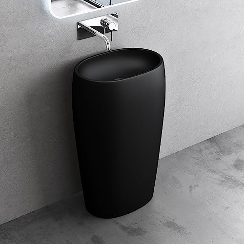 doporro Lavabo Colonne Ovale Noir Vasque sur Pied Solid Surface Lave Mains pour Salle de Bain 53,5x36x85cm Colossum32