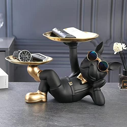 Jannlimt Statua Bulldog Vassoio, Ingresso Corridoio Svuotamento Tasca Scultura In Resina Decorativa Francese,Black-1