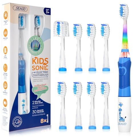 SEAGO Kids Electric Toothbrush with 2 Mins Brushing Timer and 8 Replacement Bursh Heads,Rainbow LED Light Make Brushing Fun, Blue Color Boys Battery Powerd Toothbrush for 4-12 Years Old