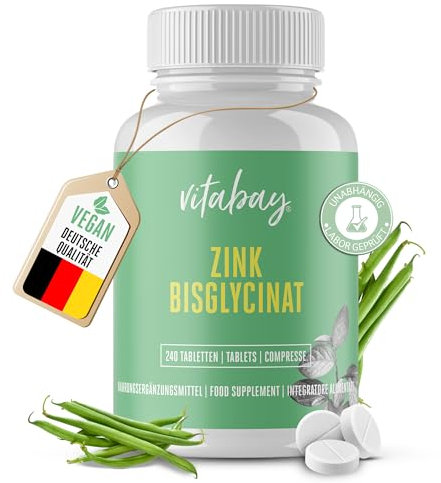 Vitabay Zink Bisglycinat Hochdosiert 25mg - 240 Vegane Tabletten - Zink Tabletten Hochdosiert 25mg pro Tagesdosis Zinc Bisglycinate Supplement - Zinktabletten Zink hochdosiert Zinkbisglycinat