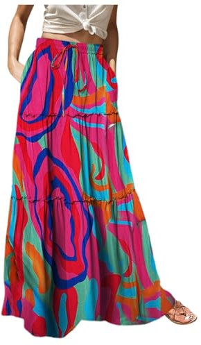 Maxirock Damen Lang Sommer A-Linie Swing Rock Mode Bunt Plisseerock Elastische Taille Sommerrock High Waist Rüschen Faltenrock Boho Blumen Strandrock mit Tasche