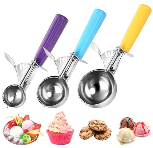 ZJHFC Ice Cream Scoop with Trigger, Cookie Scoops Set of 3 Portion Scoop 18/8 Stainless Steel Cupcake Measuring Scoop for Cookie Dough Cupcake Batter Ice Cream (7 cm + 5.8 cm + 4 cm)