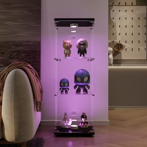 DGCZYXGL Vitrina de Cristal,3 Pisos Vitrina de Exposición con Luz LED,Vitrina Expositora para Colecciones,1 Porte et Serrure,Gabinetes de Vidrio para Salón,Dormitorio,Pasillo,42×36×125cm, Negro