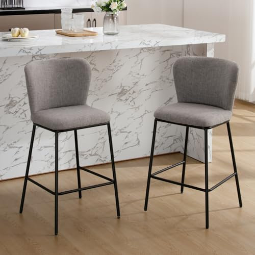 chairus Frühstück Barhocker 2er Set Thekenhocker für Esszimmer Armlose Leinen Küchenhocker Barstühle mit Rückenlehne Wohnzimmer (Grau)