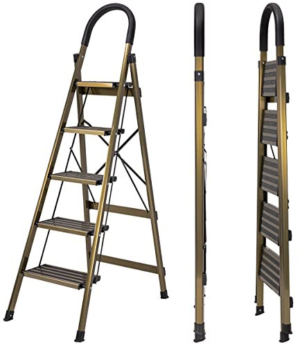 𝐂𝐑𝐀𝐅𝐓𝐅𝐔𝐋𝐋 Trittleiter CF-134A | 𝟑 𝐉𝐀𝐇𝐑𝐄 𝐆𝐀𝐑𝐀𝐍𝐓𝐈𝐄 - Nur 6.0 cm breit - Leiter - Klapptritt - Treppenleiter - Klappleiter - Haushaltsleiter (Champagner Edition 5 Stufen)