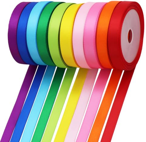 Rainbow Satin Ribbon Double Faced Polyester Ribbon 10 Colors, 10mm X 4.5M Each, Fabric Ribbon Use for Gift Wrapping, Wedding Party Decoration, Hair Bows, DIY Crafts, Total 45 Metres