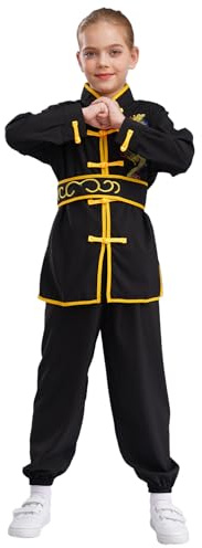 dPois Kids Boys Girls Chinese Kung Fu Suit Tai Chi Wing Chun Master Uniform Martial Arts Exercise Outfits Black 7-8 Years