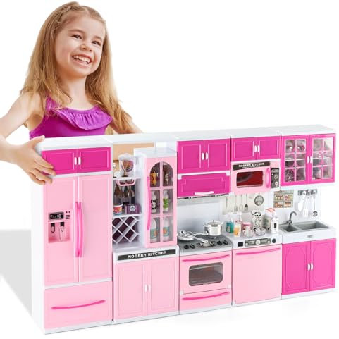 lerrbo Ensemble de 64 Jouets de Cuisine Rose avec Lumières et Sons | Ensembles de Meubles de Maison de Cuisine Miniature pour Les Enfants de 4 à 8 Ans