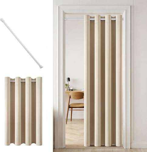 MIULEE Cortinas Salon Opacas Cortina para puerta con barra telescópica 1 Pieza 150x200CM,Beige Claro Dormitorio Modernas Cortinas Anti Luz,separador de ambientes cortina Blackout para puerta con Ojale
