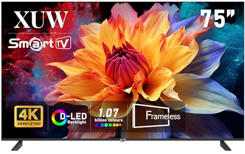 XUW 75 inch UHD 4K Smart TV, D-LED backlight Television, Borderless Design,HDMI USB DVB-T2/S2 RJ45 Interface, large screen for living room, bedroom, home entertainment - black