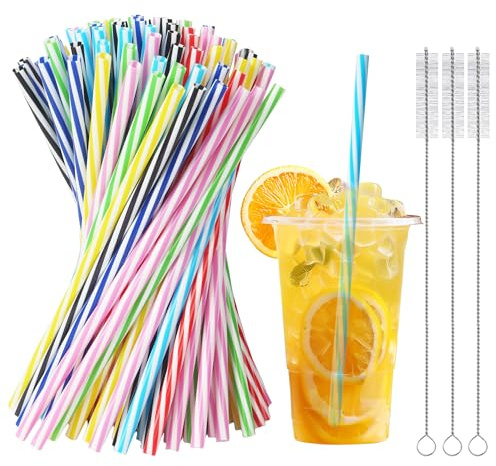 100 pajitas reutilizables con 3 cepillos de limpieza, Pajitas pajitas plástico de colores para batidos, jugos, té con leche y cócteles (23 cm de largo, 0,7 cm de diámetro)