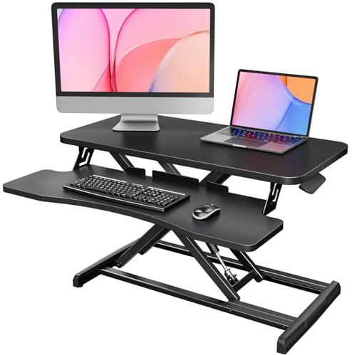 HUANUO Standing Desk Converter, 80cm/32'' Height Adjustable Desk Riser with LARGE Keyboard Tray, Sit Stand Desk Riser for Dual Monitor with Smooth Pneumatic Lift System, Computer Workstation