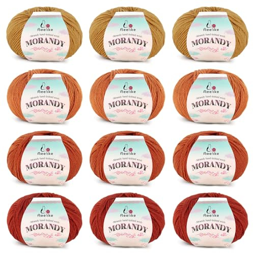 Aeelike Merino Wool Yarn - 12 Pack Double Knitting Wool 50g Balls - Baby Soft Merino Yarn for Crochet and Knitting Blanket, Socks, Hats, Scarf - Shades of Orange