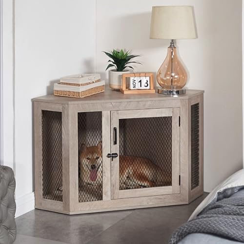 Corner Dog Crate Furniture, Wooden Dog Kennel Furniture End Table,for Small Medium Large Dogs,with Mesh, Dog Cage TV Stand