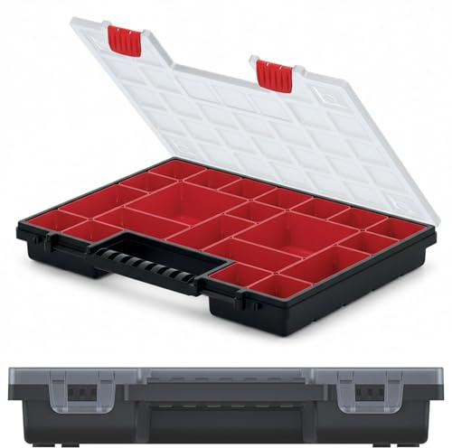DIKEL Boîte de rangement avec boîtes amovibles 40 x 30 x 5 cm - Boîte à vis mobile et chargeur de petites pièces pour atelier - Organiseur robuste - Boîte de tri avec poignée ergonomique - Noir/rouge