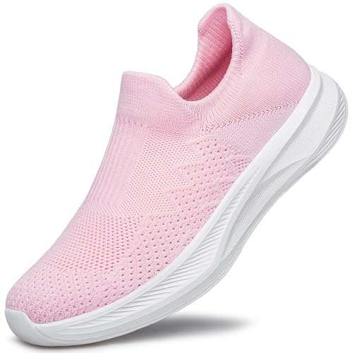 SURFING TREE Womens Slip on Running Shoes Ladies Trainers Mesh Sneakers Comfortable Breathable Lightweight Knit Sports Walking Sneakers for Work Shopping Pink Size 8