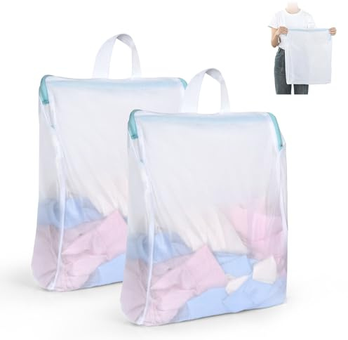 OTraki 2 Unidades Bolsas de Lavado con Cremallera y Malla 60x80 cm, Redes para Lavadora con Asas y Gran Apertura, Protección para Ropa Interior, Sujetador, Calcetines, Ropa Delicada