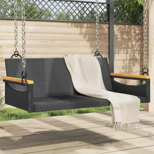 TEKGHUT Banc à bascule en polyrotin noir 109 x 62 x 40 cm, banc suspendu avec anneaux de fixation, cadre en acier revêtu par pulvérisation, robuste et stable pour l'extérieur, max. 110 kg par siège