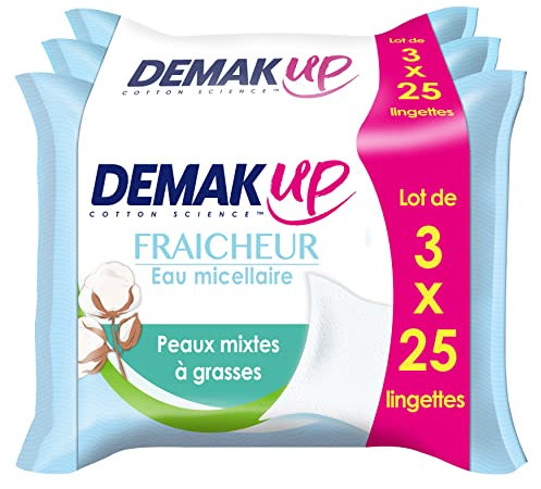 Demak'Up Fraîcheur Lingettes à démaquiller - Visage et Yeux - Peaux Mixtes à Grasses - 3x25 Lingettes démaquillantes