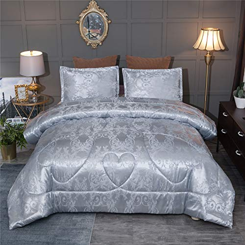 Raytrue-X Juego de edredón Sedoso de satén, Juegos de Ropa de Cama de Lujo de Microfibra Suave Estilo Europeo, colección de Ropa de Cama tamaño Queen, Color Dorado, Gris y Azul (Gris, Queen, 88 x 88