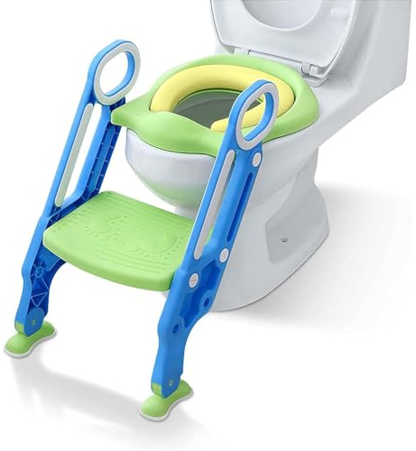 Aufun toilettensitz kinder toilettentrainer mit verstellbarer Treppe Klappbarer Toilettensitz Mit einem PU Kissen geeignet für Toiletten mit 38-42 cm für Kinder von 1-7 Jahren Blau Grün
