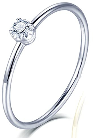 KnSam Mujer Anillo, Estilo Clásico 18 K Oro Blanco Diamante Anillo De Bodas Plata Talla 6,75