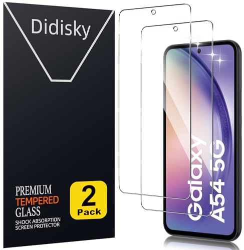 Didisky 2-Unidades Cristal Templado Protector de Pantalla para Samsung Galaxy A54 5G, Antihuellas, Sin Burbujas, Fácil de Limpiar, 9H Dureza, Fácil de Instalar, Transparente