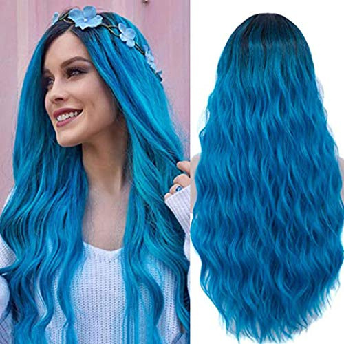 Damen Lange Blau Cosplay Perücke, TANTAKO Lange Blau Ombre Curly Perücken für Halloween Karneval Cosplay Kostüm (blau)