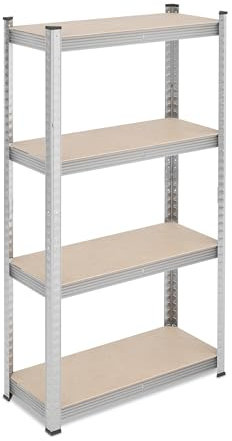 Relaxdays Scaffale in Acciaio, HxLxP 138x70x30 cm, 4 Ripiani ad Alta Portata, 200 kg, per Garage e Cantina, Argentato, Fibra di Legno