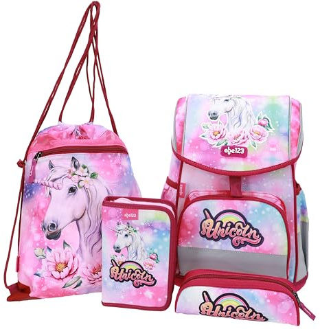 Einhorn Schulranzen Set MÄDCHEN 1 KLASSE | Set 4 TEILIG FÜR GRUNDSCHULE | FIDLOCK | LEICHT | ERGONOMISCH und ANATOMISCH | inkl. Sportbeutel, Federmäppchen, Stifteetui.