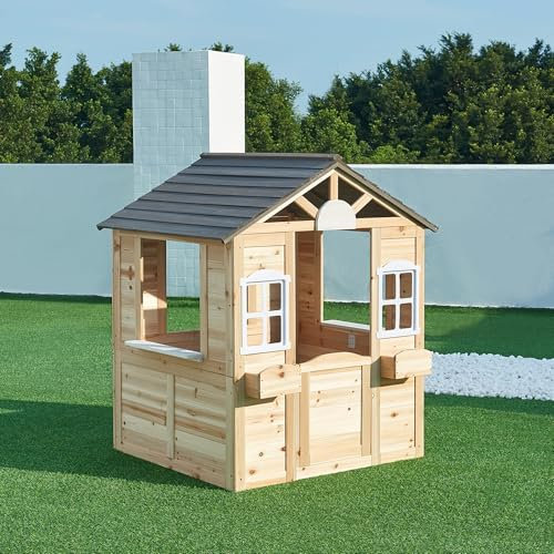 casa.pro Casa de Juegos Acciano con Jardineras Casita para Niños con Ventanas y Puerta Abatible Casa de Madera para Exterior y Jardín de Madera de Abeto 131x113x97 cm - Natural/Gris