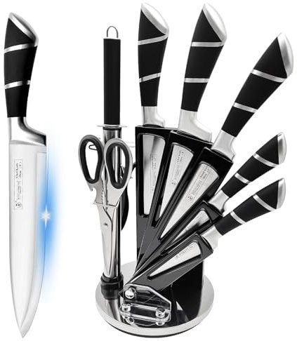 Justup Set di coltelli da cucina, 9 pezzi Nero Sharp antiaderente rivestito coltelli da cucina Block Set, set di coltelli in acciaio inossidabile per cucina con affilatore e blocco (Nero)