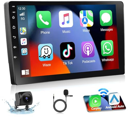 [4G+64G] Autorradio Inalámbrico A-pple Carplay Android Auto Radio 2 DIN 9'' HD Pantalla Táctil Stereo Radio, GPS/Bluetooth/Mirror Link/SWC/EQ/FM/RDS/Cámara de Visión Trasera + Micrófono