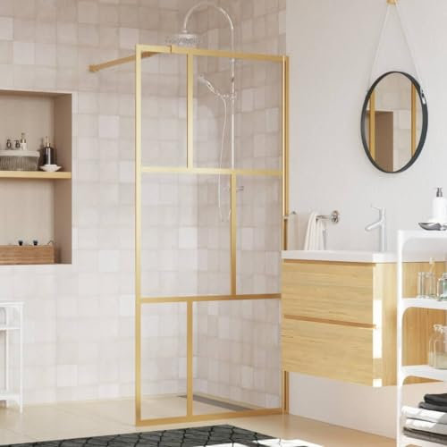 IKAYAA Walk In Dusche 90 x 195 cm Begehbare Duschwand Glas 5 mm Glas Duschabtrennung Duschtrennwand Glas Duschwand Glastrennwand Gold