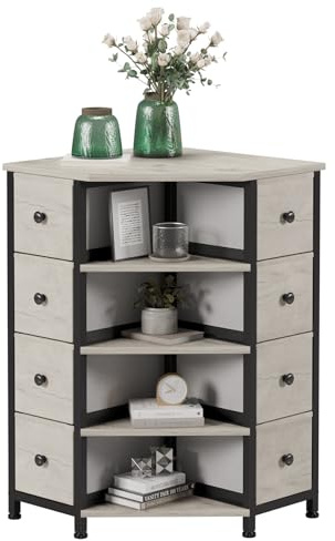 LUMTOK 8 Drawers Corner Dresser with Storage Fabric Drawers and Open Shelves for Small Space，Bedroom，Entryway，Living Room (Greige)