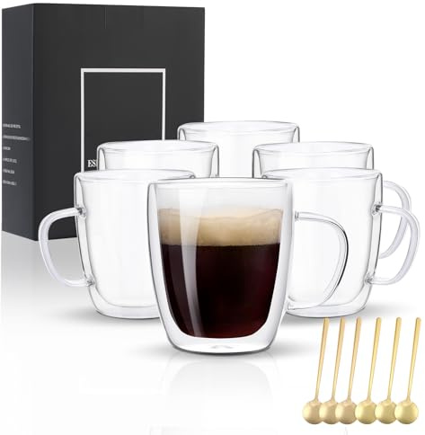VENVENWEAVS Glass Coffee Mugs Set Of 6, 13.5 OZ Insulated Double Wall Coffee Cups, Perfect for Cappuccino, Latte, Americano, Tea Bag, Beverage,Glass Coffee Cups With Handles