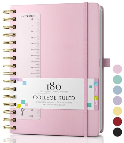 Umriox Wirebound Spiral Notebooks 180Pages /90 Sheets for Writing,100gsm No Bleed Paper, PU Hardcover, for Women Men Work Office School,14.5 x 21cm - Pink