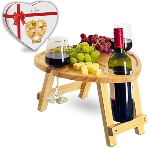 OTIVA 2 in 1 Portable Wine Picnic Table & Tray – Heart Shaped Foldable Wooden Charcuterie Board with Bottle & Glass Holder, Indoor, Picnic, Camping, Garden, Gifts for couples, Family, Friends