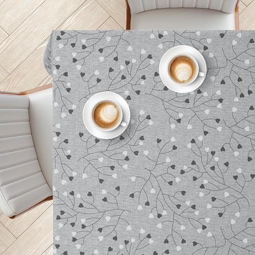 KP HOME Mantel Antimanchas Cuadrado Gris 140x140 cm – Mantel PVC con Tacto Suave y Efecto Lino, Cubierta Limpiablede Mesa, PVC Tipo Hule Impermeable con Enredaderas de Corazones en Blanco y Negro