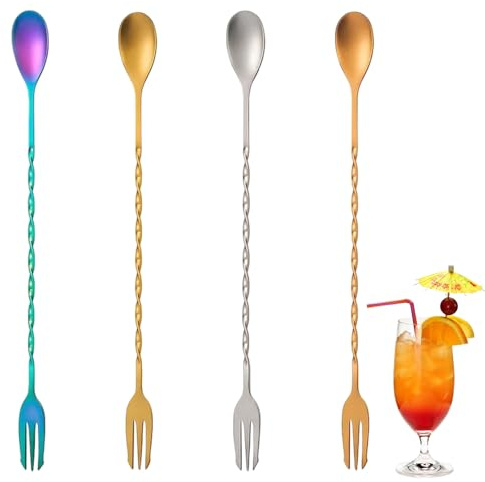 4 Barlöffel Aus Edelstahl, Cocktail Löffel Lang Mit 4 Farben, Lange Löffel Edelstahl Für Bar, Eiskaffee Cocktail Löffels, Ideal Für Cocktails Und Getränkemischung, Lange Griffe mit Spiralmuster