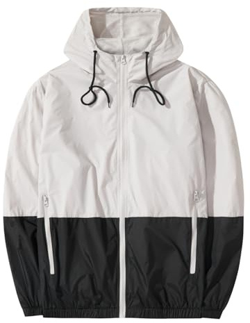 XiaoYouYu Men's Lightweight Windbreaker Jackets Outdoor Hooded Pocket Raincoat Jacket (Light Grey, Large)